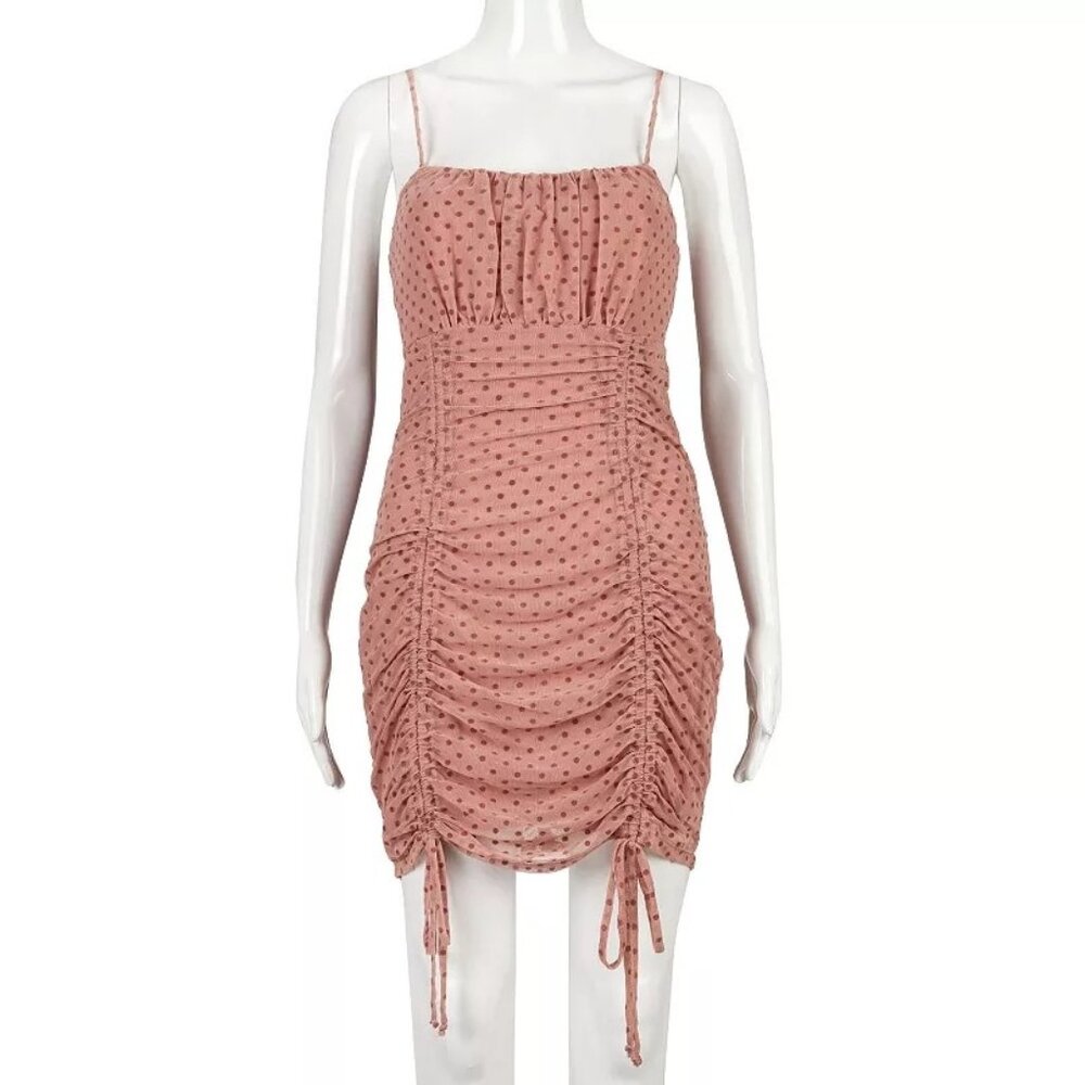 Xtraordinary Dress Size Large Ruched Pink Polka Dot Mesh Bodycon Mini READ